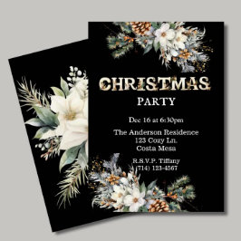 Convites Festa de Natal Vintage Black and Dourado Greenery