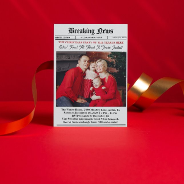 Convites Festa de Natal Vintage de Jornal ( newspaper Christmas Party Invitation secret santa white elephant exchange favorite things party)