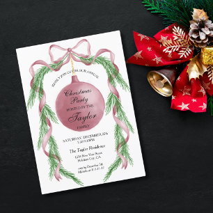 Convites Festa de Natal Vintage Pink Ribbon Wreath Janta
