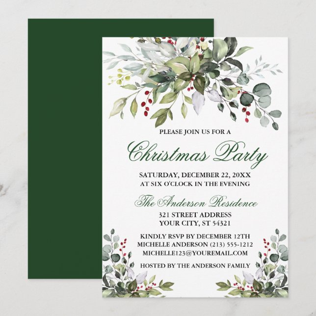 Convites Festa de Natal Watercolor Greenery Berries (Frente/Verso)