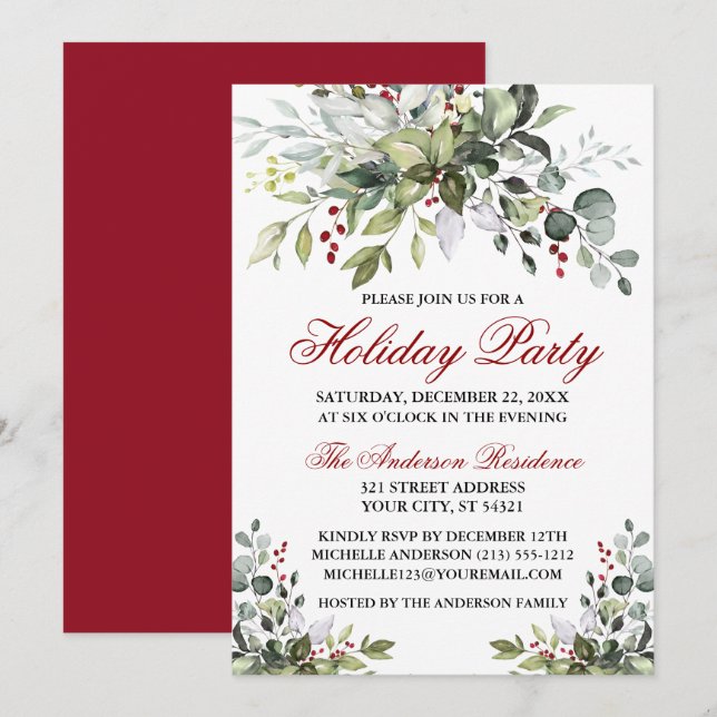 Convites Festa de Natal, Watercolor Greenery Red Berries (Frente/Verso)