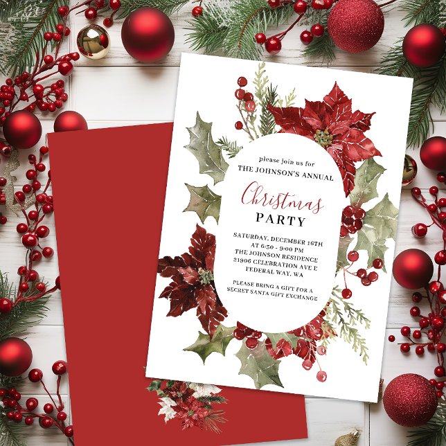 Convites Festa de Natal Watercolor Poinsettia Wreath (Christmas Party Watercolor Poinsettia Wreath Invitation
)
