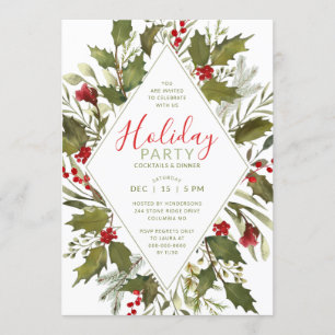 Convites Festa de Natal Watercolor Vintage Holly Greenery