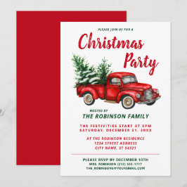 Convites Festa de Natal Watercolor Vintage Red Truck