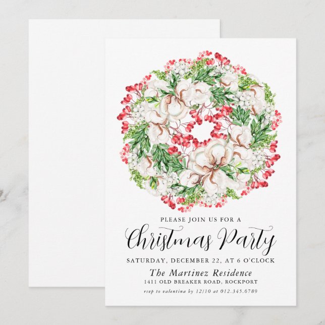 Convites Festa de Natal White Floral Red Berry Wreath (Frente/Verso)