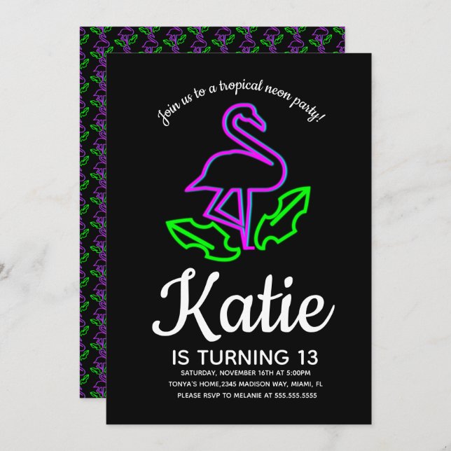 Convites Festa de Neon Flamingo Glow Tropical Adolescente (Frente/Verso)