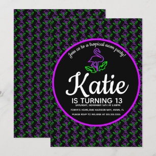 Convites Festa de Neon Flamingo Tropical Roxo