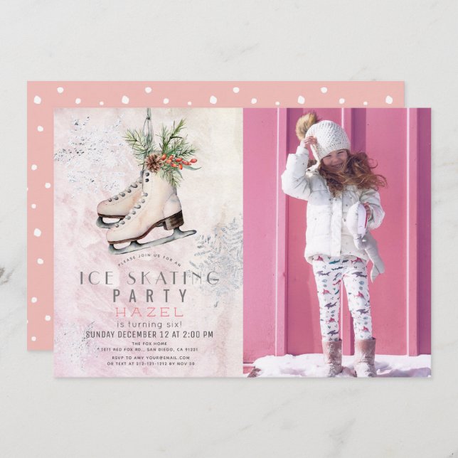 Convites Festa de Neve, Floco de Neve, Rosa, Foto de Aniver (Frente/Verso)