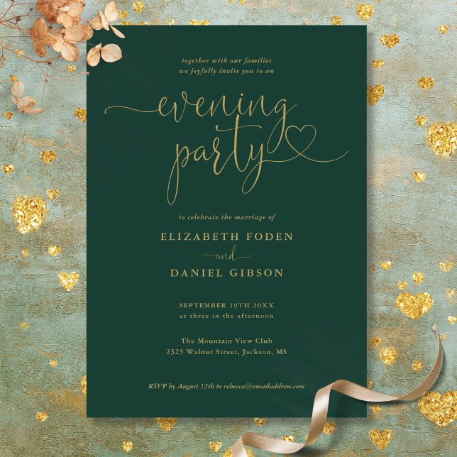 Convites Festa de Noite de Casamento com Roteiro Esmeralda  (Emerald And Gold Script Wedding Evening Party Invitation)