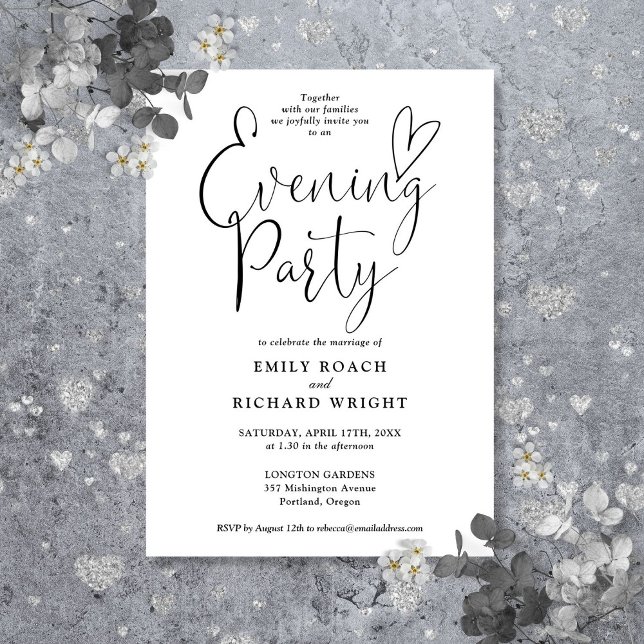 Convites Festa de Noite de Casamento com Roteiro Preto e Br (Black And White Script Wedding Evening Party Invitation)