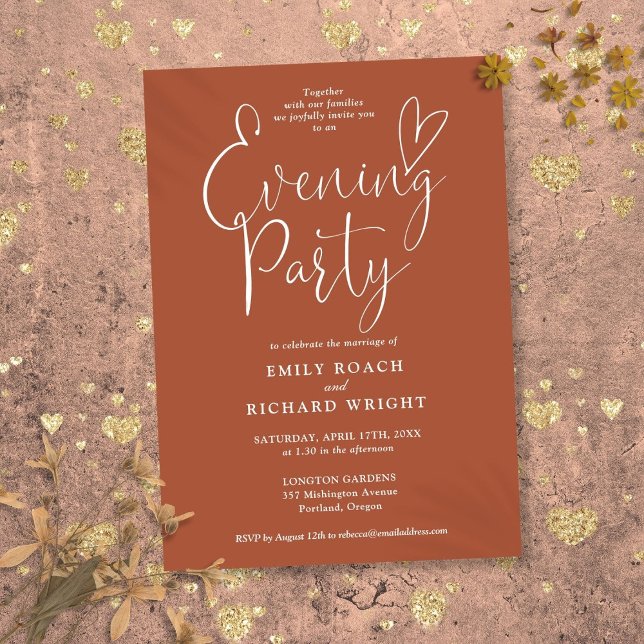 Convites Festa de Noite de Casamento Elegante Script Terrac (Elegant Script Terracotta Wedding Evening Party Invitation)
