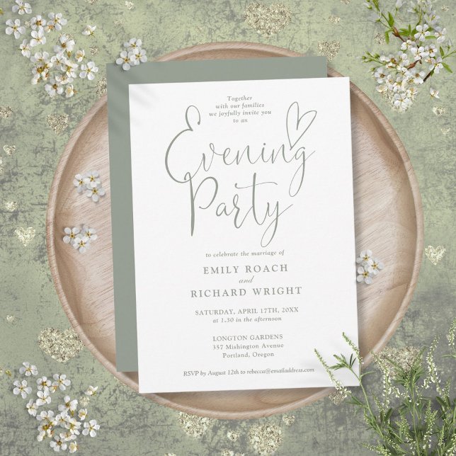 Convites Festa de Noite de Casamento em Verde Sage com Graf (Elegant Script Sage Green Wedding Evening Party Invitation)