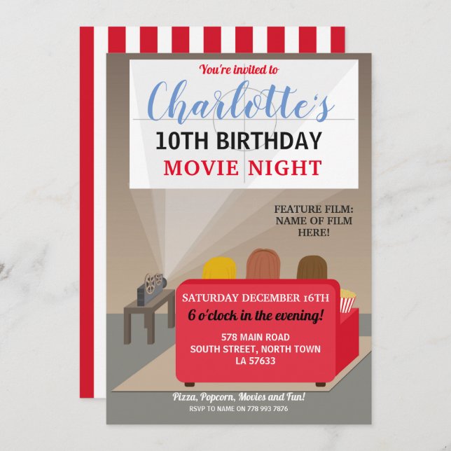 Convites Festa de Noite de Filme para Crianças Cinema Filme (Frente/Verso)