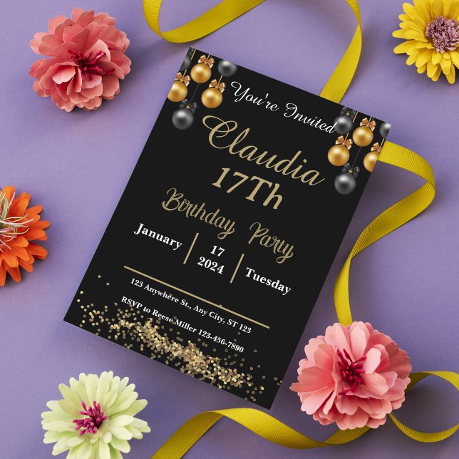 Convites Festa de Noite do Baile de formatura Moderno Doura (Elegant Black & Gold Prom Night Party Invitation)