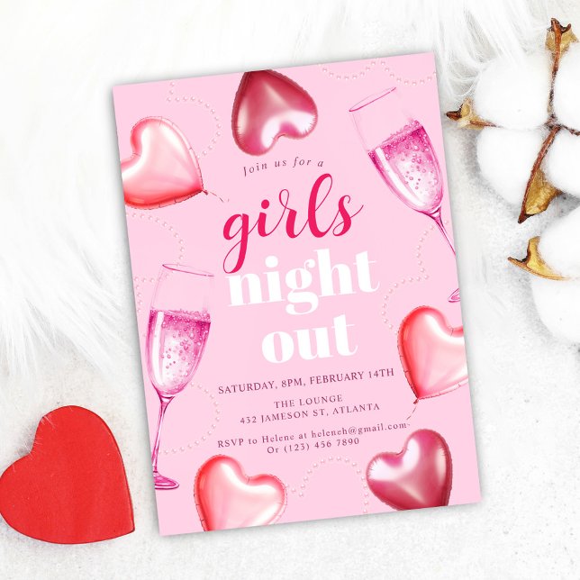 Convites Festa de Noite-Noite-Feira Rosa-Rosa-Bonita (Cute Elegant Pink Birthday Girls Night Out Party Invitation)