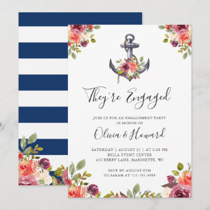 Convites Festa de noivado azul Marinho Floral de Âncora Náu