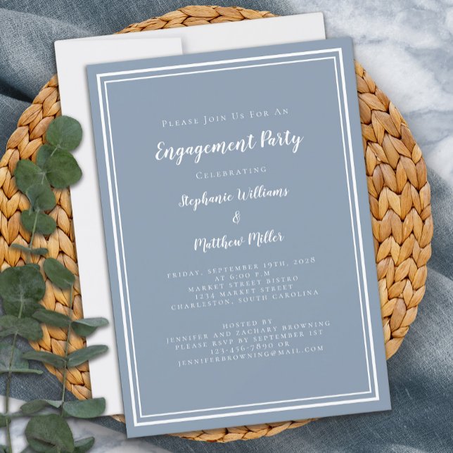 Convites Festa de noivado Azul Simples Dusty Minimalista (Minimalist Simple Dusty Blue Engagement Party Invitation)