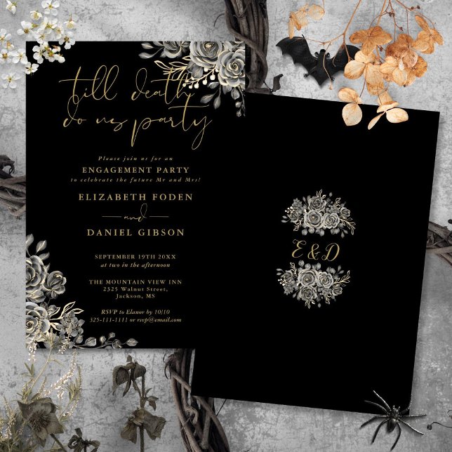 Convites Festa de Noivado Black Gothic e Dourado (Gothic Black And Gold Photo Engagement Party Invitation)