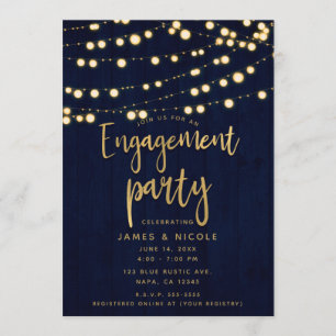 Convites Festa de Noivado Blue Gold Rustic Wood & Lights