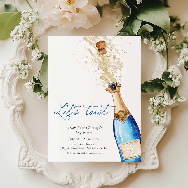 Convites Festa de Noivado Blue Let's Toast Casais (Blue Let's Toast Engagement party invitation)
