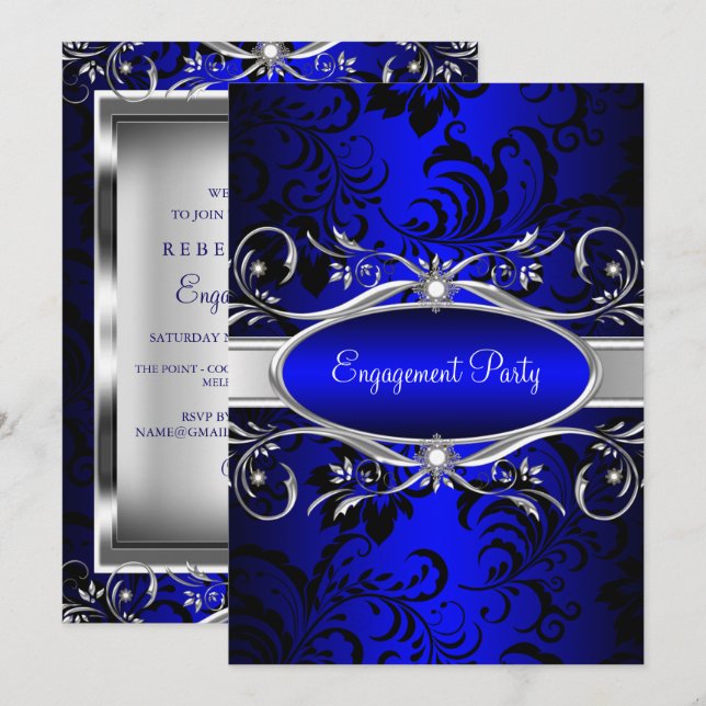 Convites Festa de Noivado Blue Silver Floral Swirl (Frente/Verso)