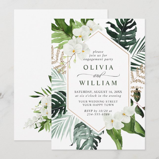 Convites Festa de noivado Boêmia das Orquídeas Brancas Eleg (Frente/Verso)