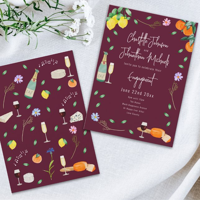 Convites Festa de Noivado Boho com Vinho e Queijo (Wine and cheese watercolor floral burgundy Wedding engagement party invitation)
