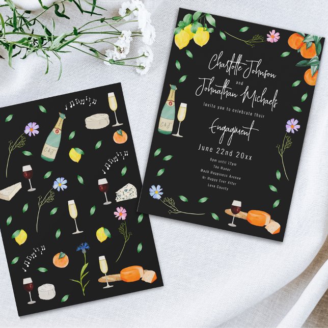Convites Festa de Noivado Boho com Vinho e Queijo (Wine and cheese wedding engagement party black and white  invitation Watercolor whimsical hand drawn)