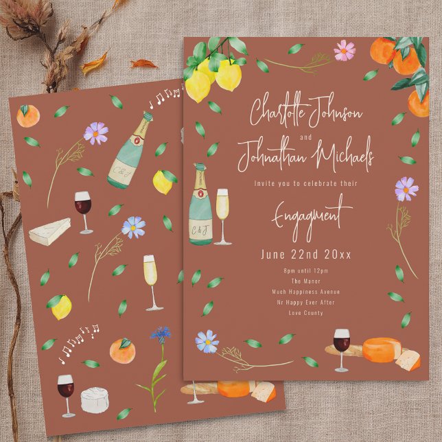 Convites Festa de Noivado Boho de Outono com Vinho e Queijo (Boho chic fall wine and cheese wedding engagement party terracotta invitation Oranges lemons floral )