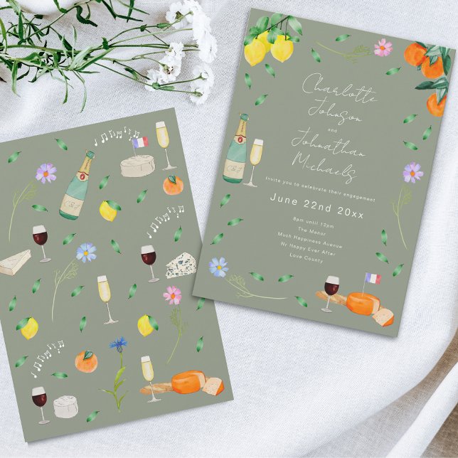 Convites Festa de Noivado Boho Francês de Vinho e Queijo (Wildflower boho citrus wine and cheese sage green french destination wedding invitation )