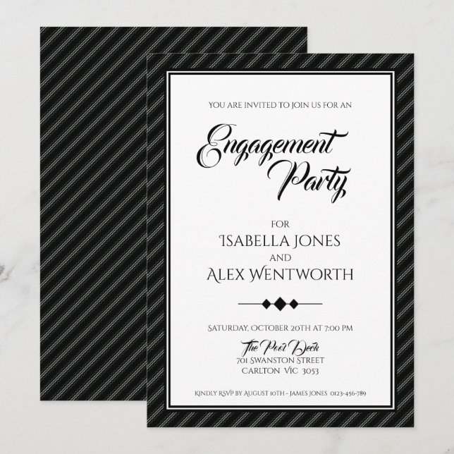 Convites Festa de noivado branca e preto moderno elegante (Frente/Verso)