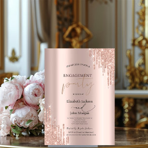 Convites Festa de Noivado Chic Rosa Dourado com Glitter