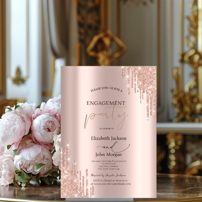 Convites Festa de Noivado Chic Rosa Dourado com Glitter (Criador carregado)