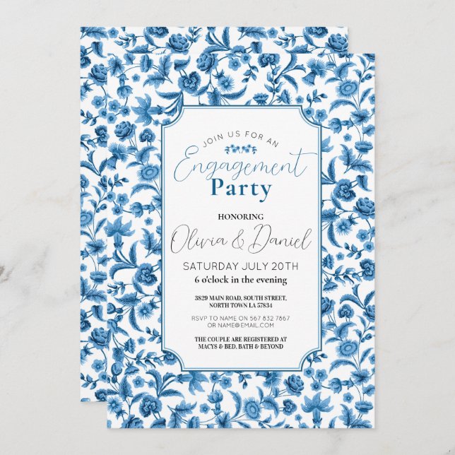 Convites Festa de noivado Chintz Blue & White Floral Ditsy (Frente/Verso)