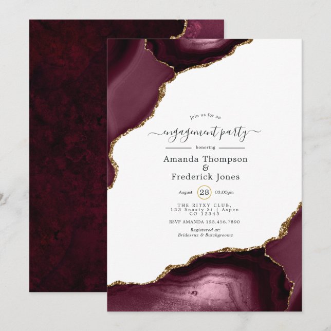 Convites Festa de Noivado com Ágata Burgundy e Dourado (Frente/Verso)