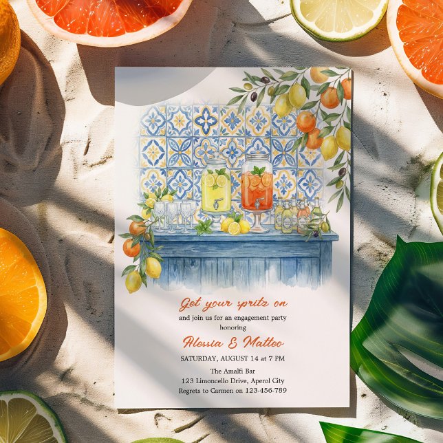 Convites Festa de Noivado com Azulejo Mediterrâneo de Limão (Invitation with Mediterranean theme Limoncello & Aperol Spritz Bar - engagement, wedding shower etc)