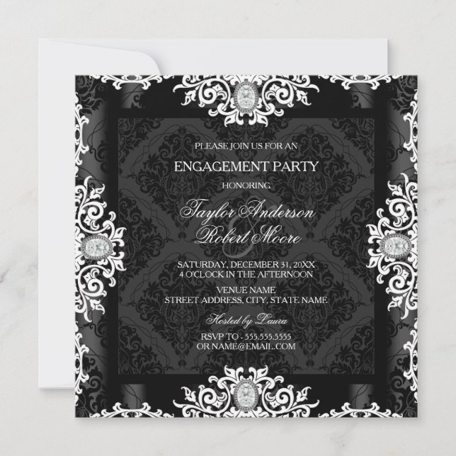 Convites Festa de Noivado com Damask Preto e Branco Diamant (Frente)