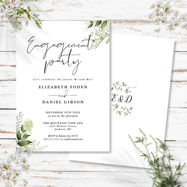 Convites Festa de Noivado com Flora Verde Preto e Branco (Floral Greenery Black And White Engagement Party Invitation)