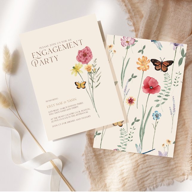 Convites Festa de Noivado com Flores Silvestres Rosa e Amar (Simple Pink Yellow Wildflower Engagement Party Invitation)