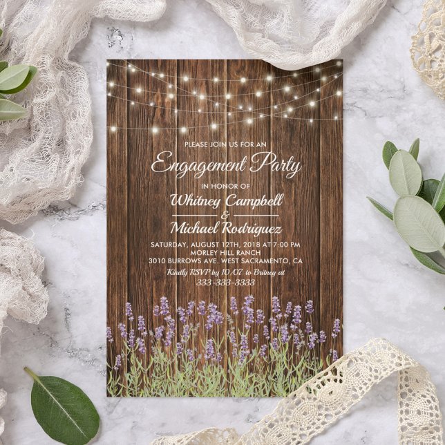 Convites Festa de Noivado com Luzes de Lavanda Rústica no C (Criador carregado)