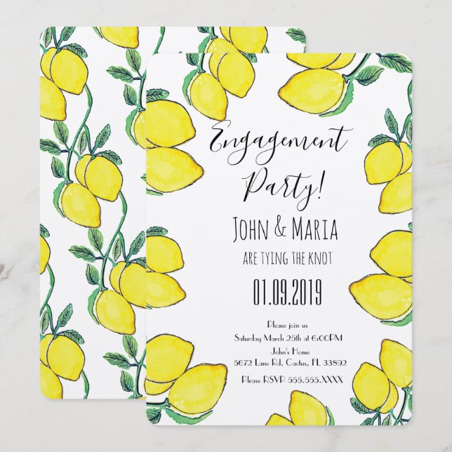 Convites Festa de Noivado com Videira de Limão em Aquarela (Frente/Verso)