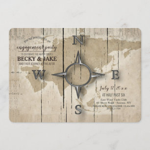 Convites Festa de noivado Compass and World Map