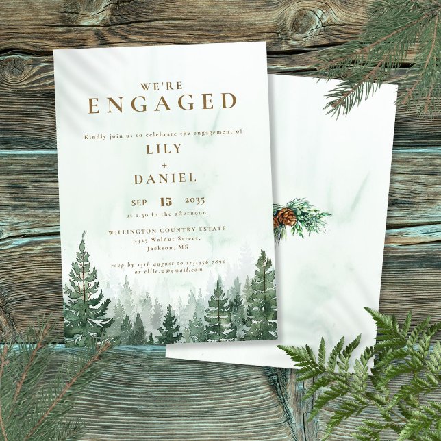 Convites Festa de noivado da Floresta de Pinheiro Russo Wat (Rustic Watercolor Pine Forest Engagement Party Invitation)