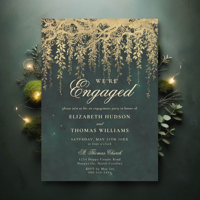 Convites Festa de noivado da Igreja Dourada da Floresta Enc (engagement party invitation elegant enchanted forest fairytale gold vines calligraphy)