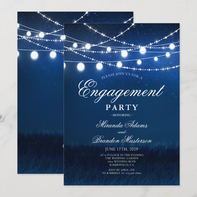 Convites Festa de noivado das Luzes Azuis e Prateadas (Frente/Verso)