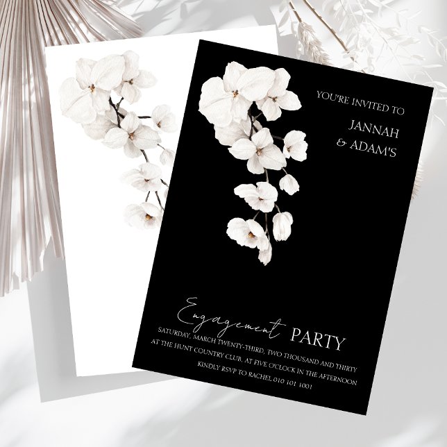 Convites Festa de noivado das Orquídeas Brancas Negras Mode (Modern Black and White Orchids Flowers Engagement Party Wedding Invitation)