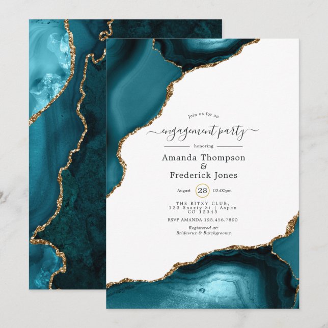 Convites Festa de noivado de ágata Dourada e lacrimogênea (Frente/Verso)