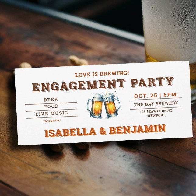 Convites Festa de noivado de Bilhete de Festa de Cerveja (beer themed engagement party invitation brewery ticket)