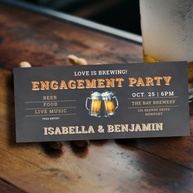 Convites Festa de noivado de Bilhete Preto de Cerveja (beer themed engagement party invitation brewery ticket black chalk board)