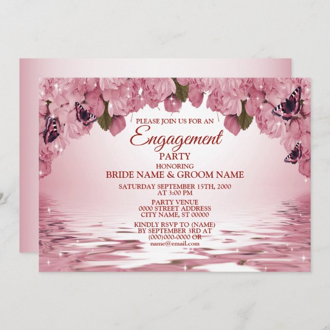 Convites Festa de noivado de borboletas naturais, cor-de-ro (Frente/Verso)